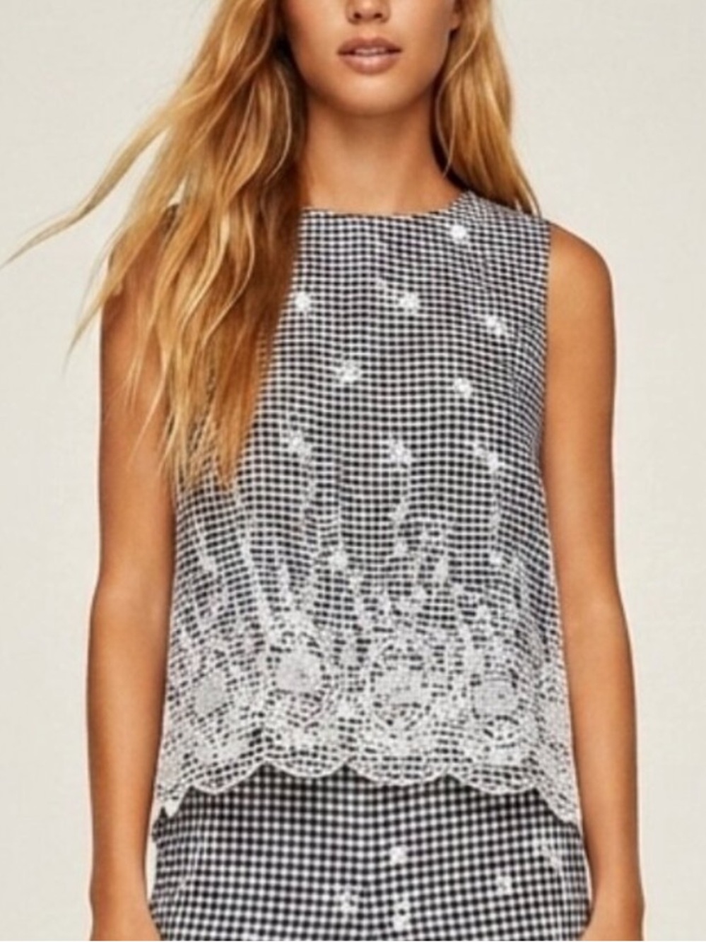 ZARA Navy & White Sleeveless Gingham Check Embroidered Top Medium 39934